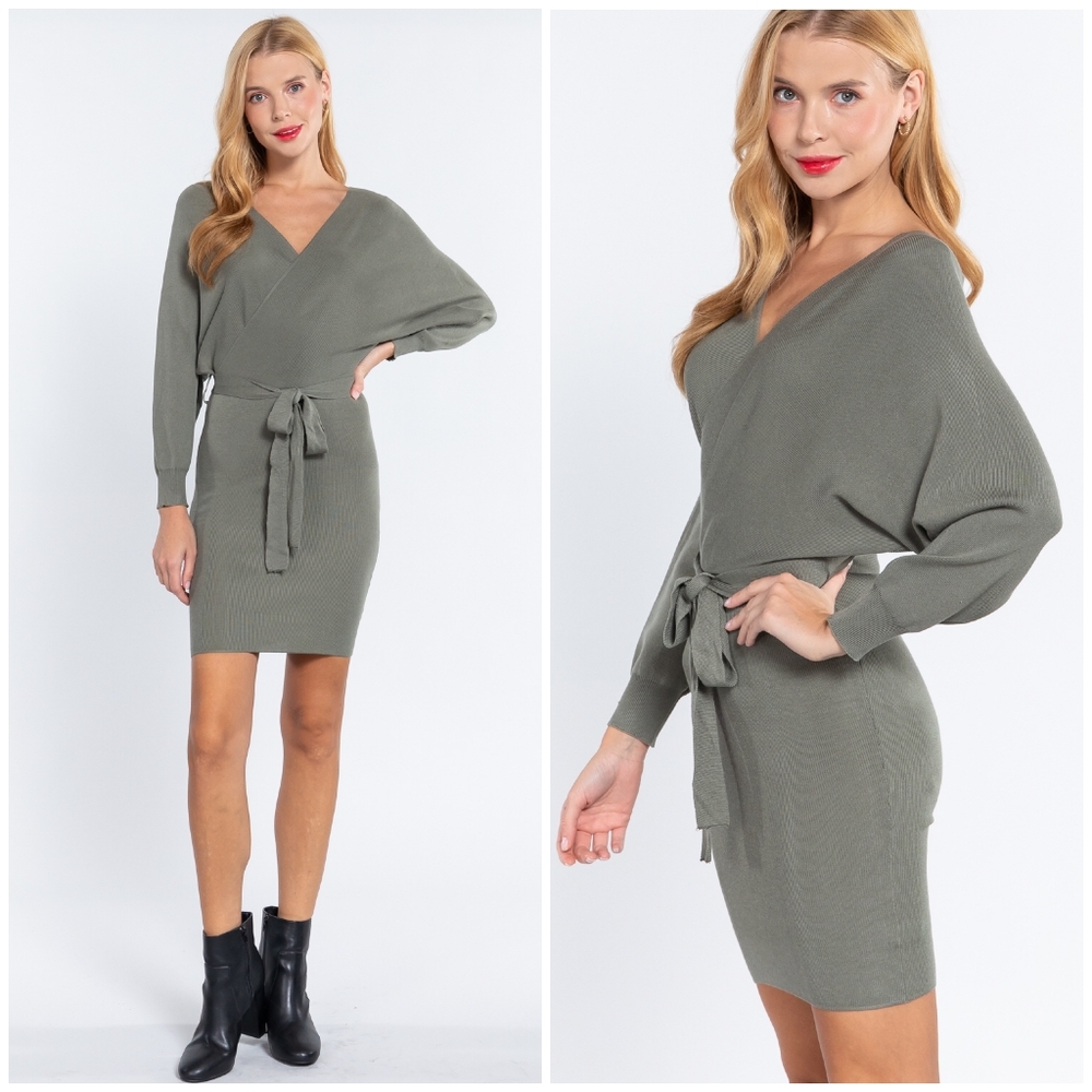 LAST ONE❗Sophisticated Chic Sage Sweater Surplice Dress